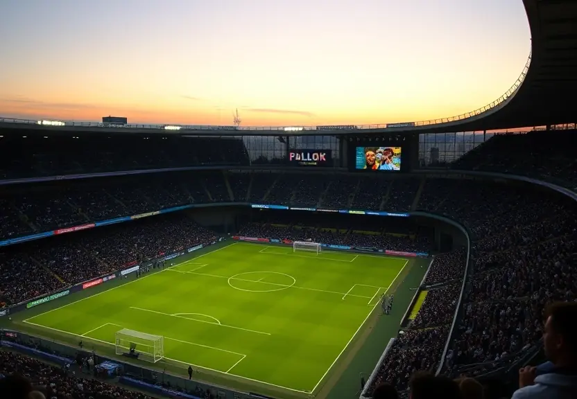 Torcida no estadio antes do inicio da semifinal, com o gramado iluminado ao fundo