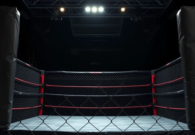 Octogono vazio de artes marciais mistas iluminado antes do evento