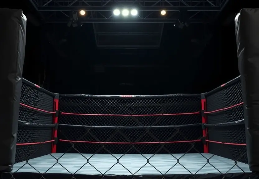 Octogono vazio de artes marciais mistas iluminado antes do evento