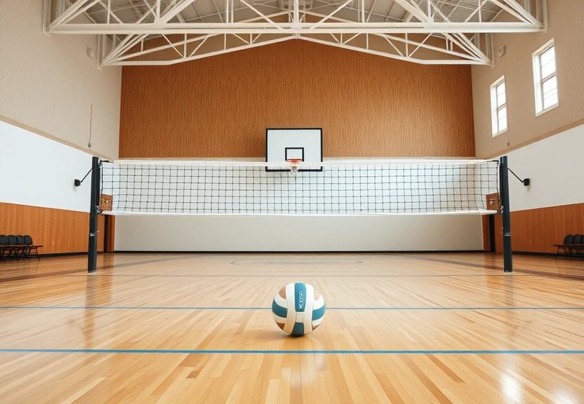 Quadra de volei de ginasio com a rede montada e a bola junto a linha de fundo