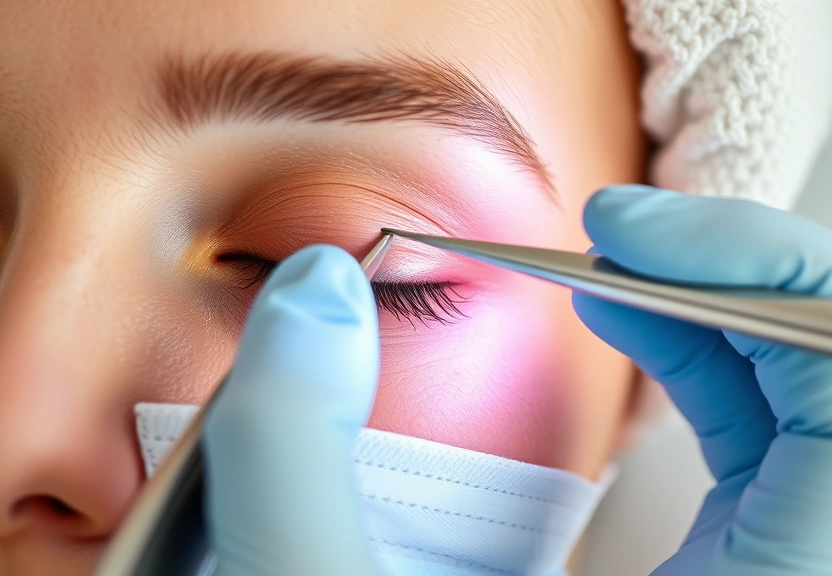 Profissional aplica extensao de cilios com pinca em estudio de beleza