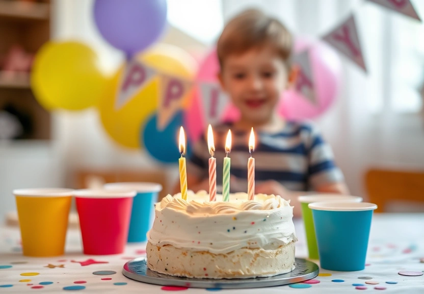 Mesa de aniversario infantil com bolo de velas acesas e baloes ao fundo