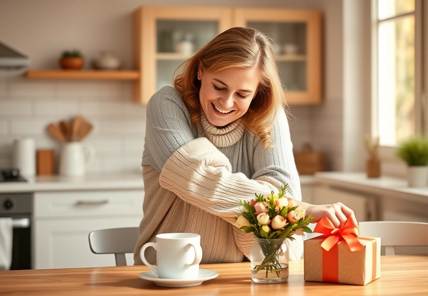 Filha abraca a mae na cozinha, com flores e cafe sobre a mesa
