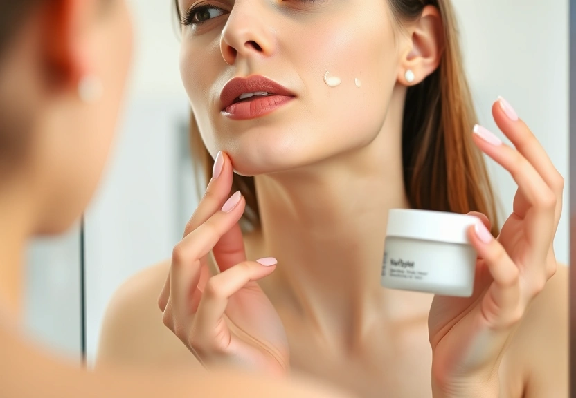 Mulher aplica creme na linha da mandibula diante do espelho