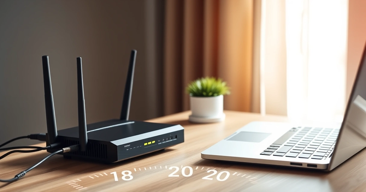 roteador com cabo de fibra e notebook sobre a mesa de trabalho